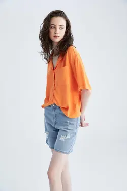 پیراهن آستین کوتاه یقه پیژامه با تناسب ریلکس - یاری شاپ