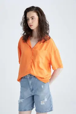 پیراهن آستین کوتاه یقه پیژامه با تناسب ریلکس - یاری شاپ