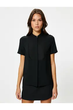 پیراهن آستین کوتاه، یقه، جزئیات روپوش، تناسب معمولی - یاری شاپ