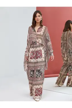 پیراهن ابریشمی با دکمه‌های طرح‌دار قومی از جلو دراز در پشت - یاری شاپ