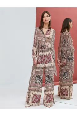 پیراهن ابریشمی با دکمه‌های طرح‌دار قومی از جلو دراز در پشت - یاری شاپ