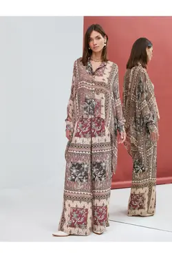 پیراهن ابریشمی با دکمه‌های طرح‌دار قومی از جلو دراز در پشت - یاری شاپ