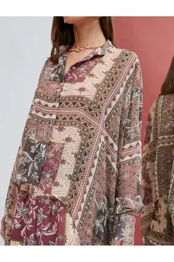 پیراهن ابریشمی با دکمه‌های طرح‌دار قومی از جلو دراز در پشت - یاری شاپ