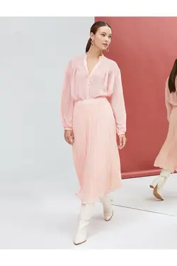 پیراهن ابریشمی یقه با زرق و برق با جزئیات دکمه آستین بلند - یاری شاپ