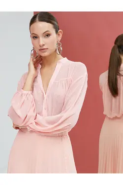 پیراهن ابریشمی یقه با زرق و برق با جزئیات دکمه آستین بلند - یاری شاپ