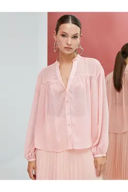 پیراهن ابریشمی یقه با زرق و برق با جزئیات دکمه آستین بلند - یاری شاپ