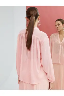 پیراهن ابریشمی یقه با زرق و برق با جزئیات دکمه آستین بلند - یاری شاپ