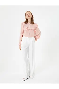 پیراهن ابریشمی یقه‌ای با آستین بادکنکی با دکمه‌های بافت دار - یاری شاپ