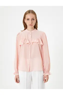 پیراهن ابریشمی یقه‌ای با آستین بادکنکی با دکمه‌های بافت دار - یاری شاپ