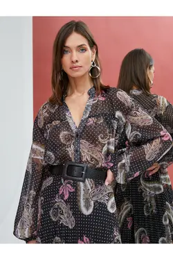 پیراهن ابریشمی، آستین بادکنکی، دکمه‌های طرح‌دار قومی - یاری شاپ