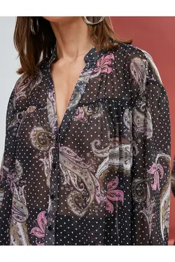 پیراهن ابریشمی، آستین بادکنکی، دکمه‌های طرح‌دار قومی - یاری شاپ