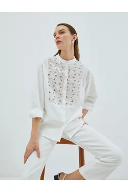 پیراهن با جزئیات گلدوزی، یقه، آستین بلند - یاری شاپ