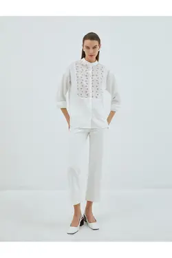 پیراهن با جزئیات گلدوزی، یقه، آستین بلند - یاری شاپ