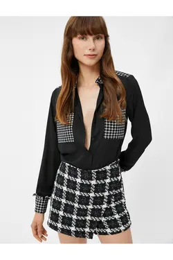 پیراهن پارچه ابریشمی با طرح جیب توئید با آستین بلند دکمه دار - یاری شاپ