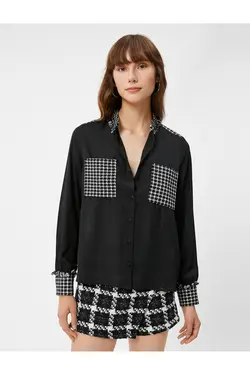 پیراهن پارچه ابریشمی با طرح جیب توئید با آستین بلند دکمه دار - یاری شاپ