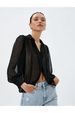 پیراهن پارچه ابریشمی شفاف آستین بادکنکی با جزئیات کراوات - یاری شاپ