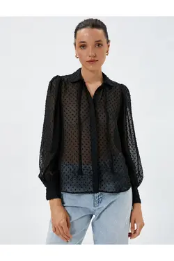 پیراهن پارچه ابریشمی شفاف آستین بادکنکی با جزئیات کراوات - یاری شاپ