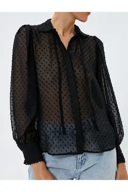 پیراهن پارچه ابریشمی شفاف آستین بادکنکی با جزئیات کراوات - یاری شاپ