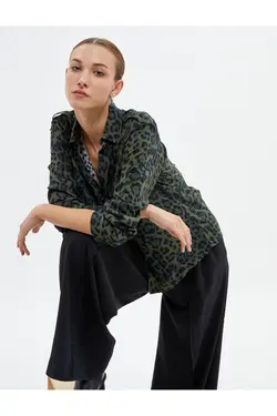 پیراهن پلنگی طرح دار ویسکوز یقه کلاسیک جیبی - یاری شاپ