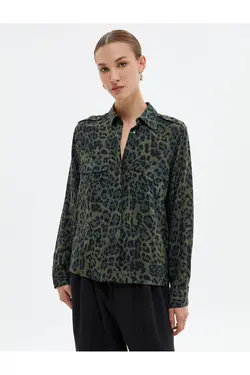 پیراهن پلنگی طرح دار ویسکوز یقه کلاسیک جیبی - یاری شاپ