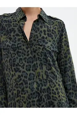 پیراهن پلنگی طرح دار ویسکوز یقه کلاسیک جیبی - یاری شاپ