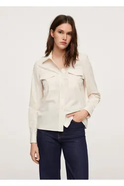 پیراهن پنبه ای زنانه سفید با جیب سینه - یاری شاپ