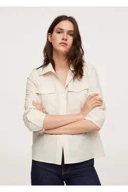 پیراهن پنبه ای زنانه سفید با جیب سینه - یاری شاپ