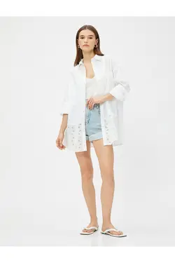 پیراهن پنبه ای سایز بزرگ با جزئیات گلدوزی آستین بلند - یاری شاپ