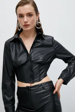 پیراهن چرمی با جزئیات کرست زنانه 4WAK60007EW - یاری شاپ