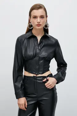 پیراهن چرمی با جزئیات کرست زنانه 4WAK60007EW - یاری شاپ