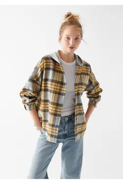 پیراهن چهارخانه زرد کلاهدار گشاد 1210296-83175 - یاری شاپ