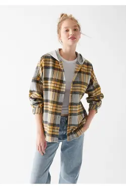 پیراهن چهارخانه زرد کلاهدار گشاد 1210296-83175 - یاری شاپ