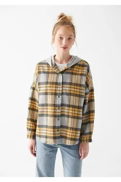 پیراهن چهارخانه زرد کلاهدار گشاد 1210296-83175 - یاری شاپ