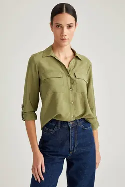 پیراهن دو جیب بافته خاکی زنانه N1813AZ20SP - یاری شاپ