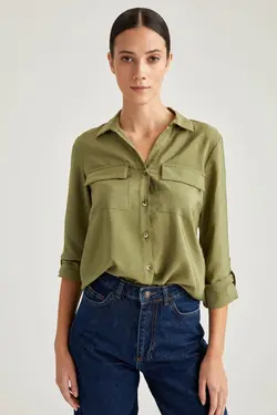 پیراهن دو جیب بافته خاکی زنانه N1813AZ20SP - یاری شاپ
