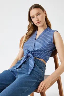 پیراهن راه راه آبی سرمه ای زنانه 2SAK60130CW - یاری شاپ