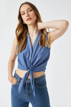 پیراهن راه راه آبی سرمه ای زنانه 2SAK60130CW - یاری شاپ