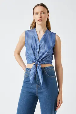 پیراهن راه راه آبی سرمه ای زنانه 2SAK60130CW - یاری شاپ