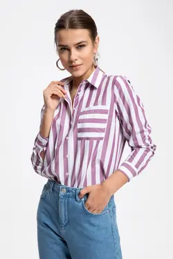 پیراهن راه راه جیب سفید زنانه J5896AZ18AU - یاری شاپ