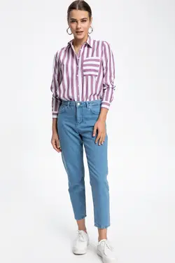 پیراهن راه راه جیب سفید زنانه J5896AZ18AU - یاری شاپ