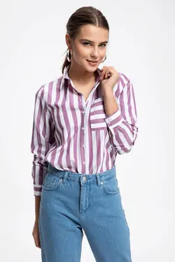 پیراهن راه راه جیب سفید زنانه J5896AZ18AU - یاری شاپ