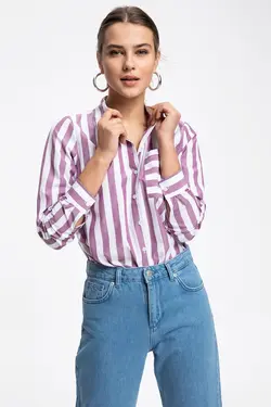 پیراهن راه راه جیب سفید زنانه J5896AZ18AU - یاری شاپ