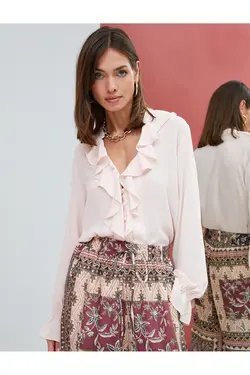 پیراهن روفل آستین بلند یقه V دکمه-بالا - یاری شاپ