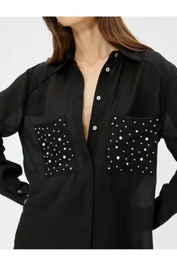 پیراهن ریلکس با جزئیات مروارید آستین بلند - یاری شاپ