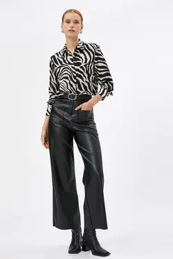 پیراهن زنانه با آستین بلند طرح دار گورخری با جزئیات دکمه مخفی 4WAK60065PW - یاری شاپ