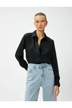 پیراهن ساتن آستین بلند دکمه دار - یاری شاپ