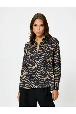 پیراهن ساتن مدل گورخر جیبی آستین بلند دکمه دار - یاری شاپ