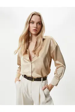 پیراهن ساتن یقه کلاسیک دکمه دار آستین بلند - یاری شاپ