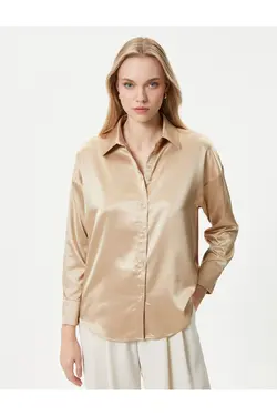 پیراهن ساتن یقه کلاسیک دکمه دار آستین بلند - یاری شاپ