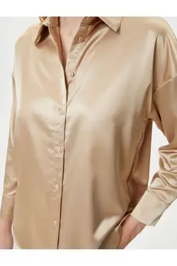 پیراهن ساتن یقه کلاسیک دکمه دار آستین بلند - یاری شاپ